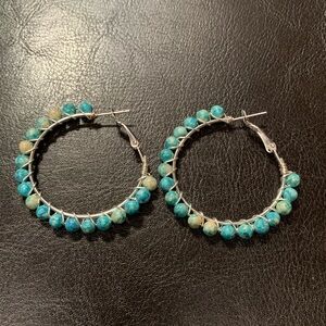 ⭐️2/$10 Turquoise Beaded Hoops Wire Wrapped Silver Earrings